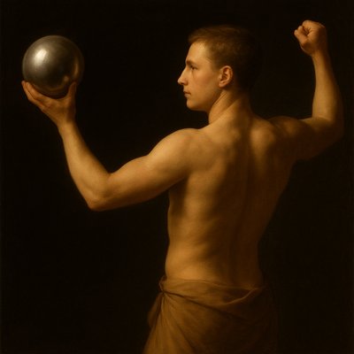 a painting of a man holding a silver ball