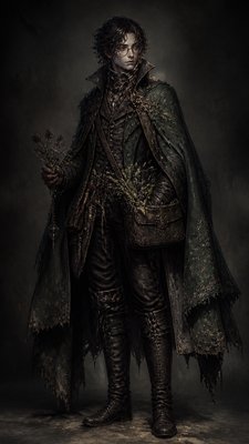 full-body original character: a wandering botanist with a satchel of plants, a patched green cloak, tall boots and round glasses, neutral background