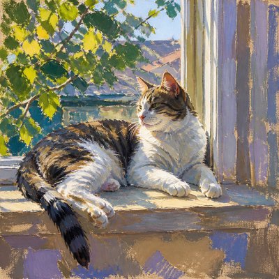 a cat lounging in a sunlit window