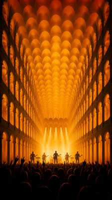 a live music scene with a glowing stage and silhouetted crowd, energetic vertical composition with open space at the top, no text