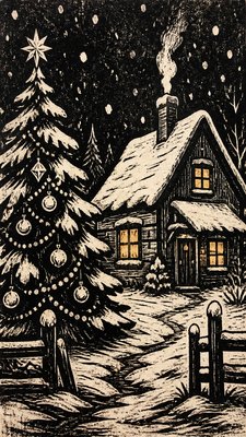 a snow-covered cottage with warm glowing windows beside a decorated pine tree, gentle snowfall, no text