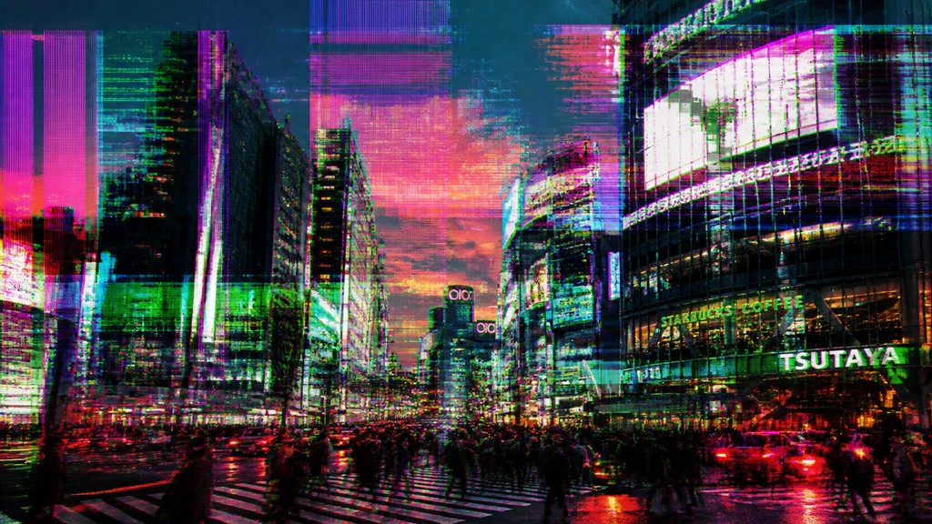 bustling city street panorama at dusk