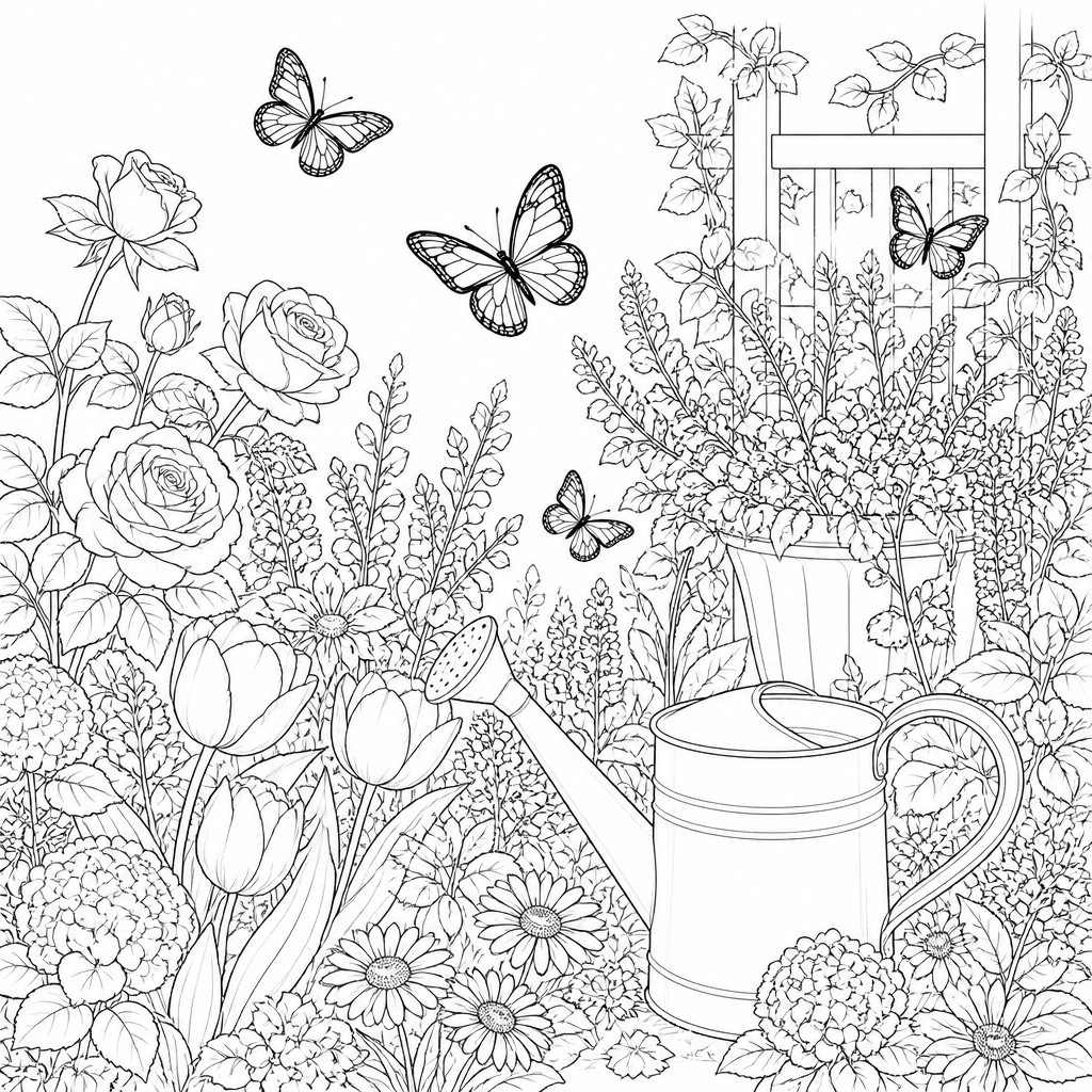 a garden scene with butterflies, flowers and a watering can, clean uncolored line art, no text