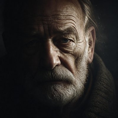 close-up portrait of an elderly person with expressive weathered features
