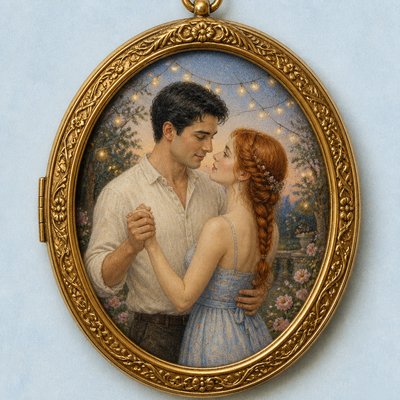 an original couple dancing under string lights in a garden at dusk: a man with short black hair in a linen shirt and a woman with braided red hair in a summer dress