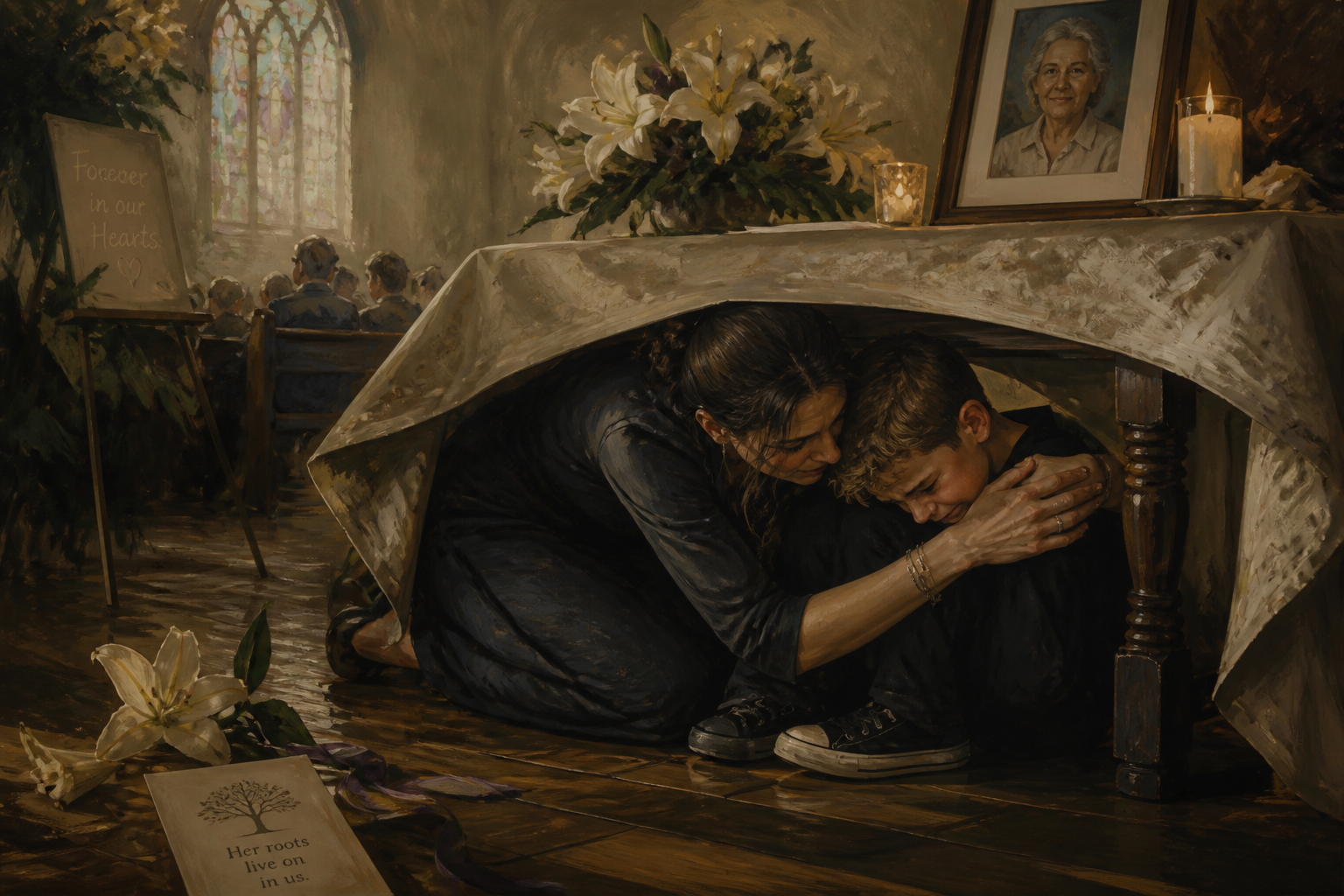 an eleven year old grandson who has lost his grandmother sits under a table in tears during a memorial service - his aunt crawls under the table to hug him and reassure him that everything is ok