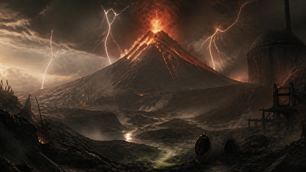 an erupting volcano with lightning strikes, dramatic wide composition, no text