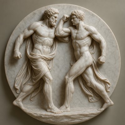 a statue of two men fighting each other