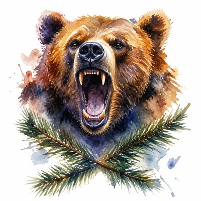 a roaring bear head above crossed pine branches, bold graphic composition on a plain background, no text