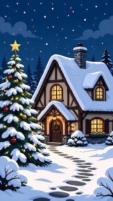 a snow-covered cottage with warm glowing windows beside a decorated pine tree, gentle snowfall, no text