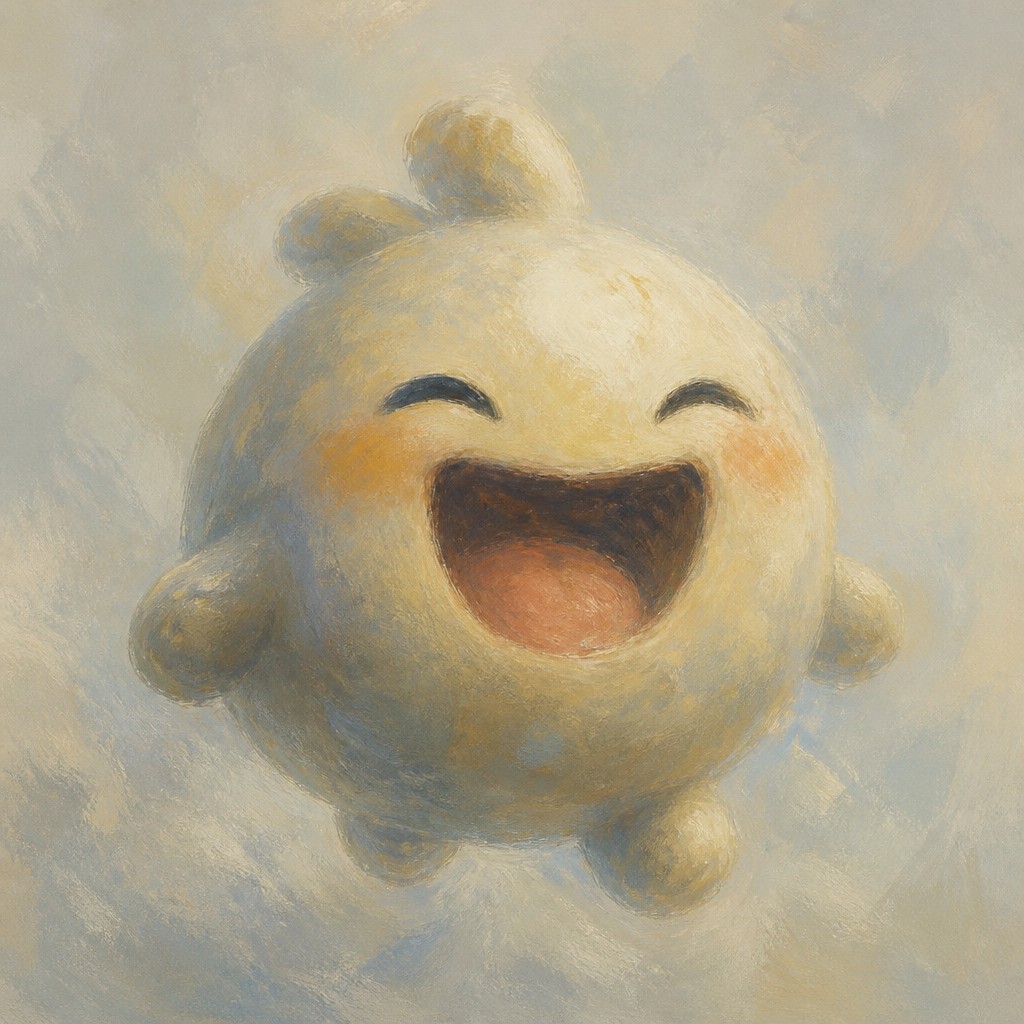 an exaggerated laughing face of an original round mascot character, bold and readable at small size, plain background, no text