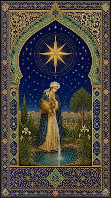 a robed figure pouring water beneath a large eight-pointed star in a night sky, symmetrical composition with an ornate decorative border, no text