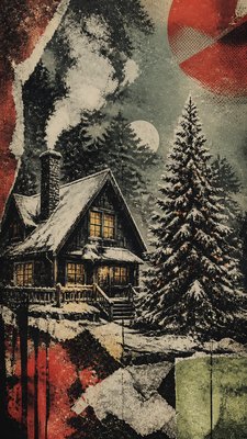 a snow-covered cottage with warm glowing windows beside a decorated pine tree, gentle snowfall, no text