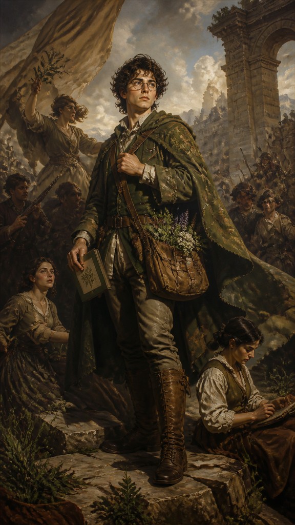 full-body original character: a wandering botanist with a satchel of plants, a patched green cloak, tall boots and round glasses, neutral background