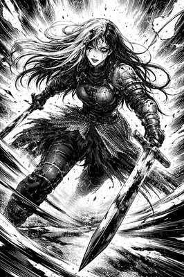 a drawing of a woman holding a sword