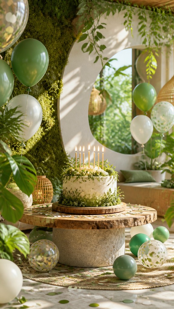 a birthday cake with lit candles surrounded by balloons and confetti, festive vertical composition, no text