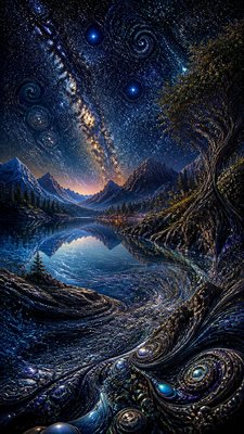 a tranquil mountain lake beneath a starry night sky, no people, no text