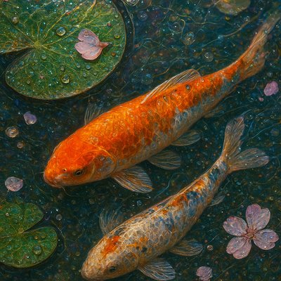 A koi pond seen from above, orange and white koi fish swimming among lily pads, clear water with subtle ripples, fallen cherry blossom petals floating on the surface, dappled sunlight
