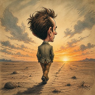 a solitary figure walking toward a glowing horizon across an empty plain, moody atmosphere, no text or lettering