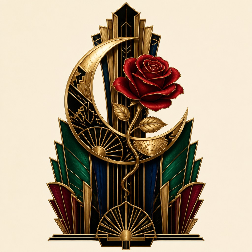 a rose entwined with a crescent moon, clean balanced composition on a plain background, no text