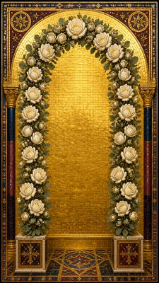 an arch of white roses and eucalyptus in soft morning light, elegant vertical composition with open space, no text