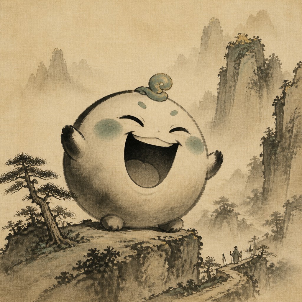 an exaggerated laughing face of an original round mascot character, bold and readable at small size, plain background, no text