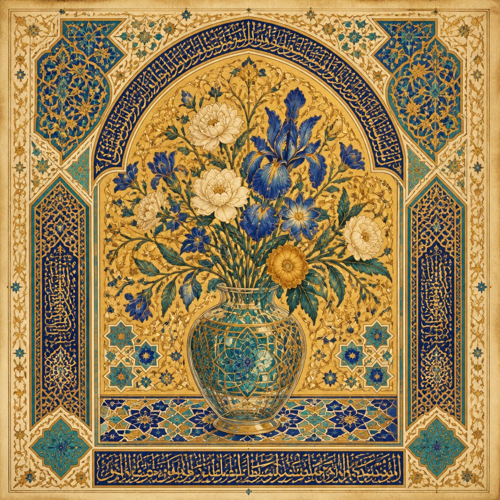 bouquet of flowers in a glass vase — Islamic Golden Age Art Style