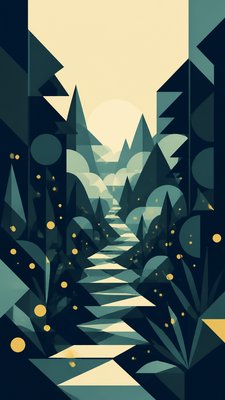 a mysterious forest path with fireflies and drifting mist, atmospheric vertical composition with open space at the top, no text