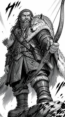 full-body original character: a dwarven ranger with a braided auburn beard, worn leather armor, a longbow and a wolf-pelt cloak, neutral background, no text