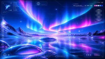 a sweeping aurora over a frozen lake, no people