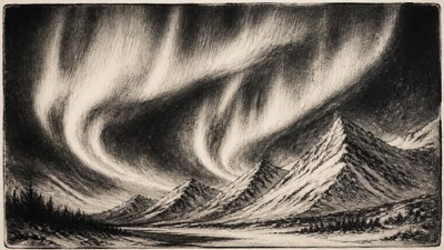 a flowing aurora over snowy peaks, wide sweeping composition, no people, no text