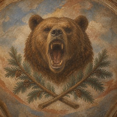 a roaring bear head above crossed pine branches, bold graphic composition on a plain background, no text