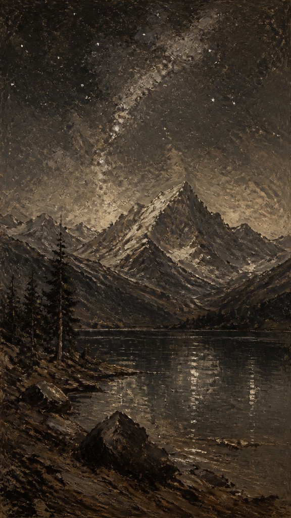 a tranquil mountain lake beneath a starry night sky, no people, no text
