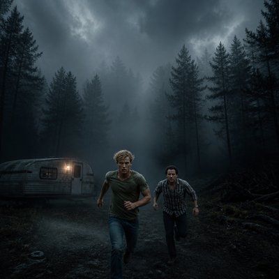Ok tu me fait 2 personnages de roman , on va commencer avec un jeune homme la vaingtaine tres beau il est blond, il passe sa main dans ses cheveux, on voit le biceps il est en T-shirt kaki avec un jean à côté de lui, il se trouve un autre un homme dans les 45 ans, et alors là je veux que tu les cheveux noirs bouclé, sur les côtés, il a pas de lunettes il est en chemise, un daddy pas de barbe, pas de moustache. il a l’air d’être écrivant ou maire physiquement, il ressemble à tom loftis de widow bay , il a une chemise un peu démodé genre bleu à carreaux et je veux que par rapport à l’image, ils soient vraiment tout en bas genre un vrai roman quoi les deux personnages sont vus de loin en bas avec une ambiance énorme , mais qu’il soit un minimum visible, genre que je puisse voir leurs yeux Une ambiance assez froide avec un brouillard glaçant autour d’eux une forêt, un caravane je sais pas une ambiance vraiment inquiétante et vraiment je veux une ambiance comme si on parlait d’un roman genre le blond au milieu. On dirait qu’il court tous les deux ou qu’il fuit comme dans sa roman. En fait derrière eux l’ambiance angoissante ils sont devant. on dirait quand même lafiche d’un roman.