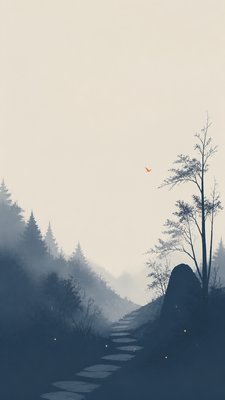 a mysterious forest path with fireflies and drifting mist, atmospheric vertical composition with open space at the top, no text
