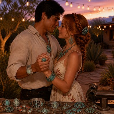 an original couple dancing under string lights in a garden at dusk: a man with short black hair in a linen shirt and a woman with braided red hair in a summer dress