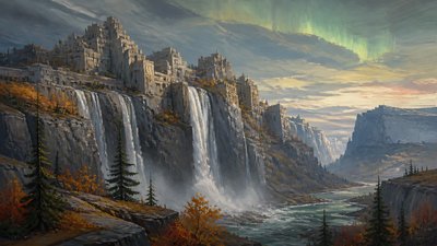 a cliffside city with waterfalls cascading into a misty canyon, wide establishing shot, no people, no text