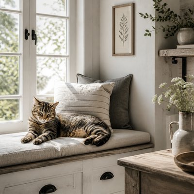 a cat lounging in a sunlit window