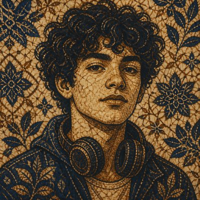 head-and-shoulders portrait of an original character: a young man with curly dark hair and headphones around his neck, plain backdrop, no text