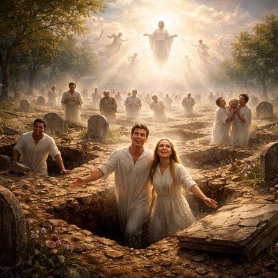 And this is the Father's will which hath sent me, that of all which he hath given me I should lose nothing, but should raise it up again at the last day.
(John 6:39 KJV) Focus on graves opened and joyous youthful looking people coming forth.
