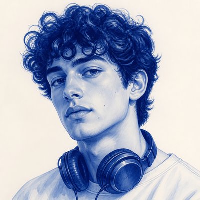 head-and-shoulders portrait of an original character: a young man with curly dark hair and headphones around his neck, plain backdrop, no text