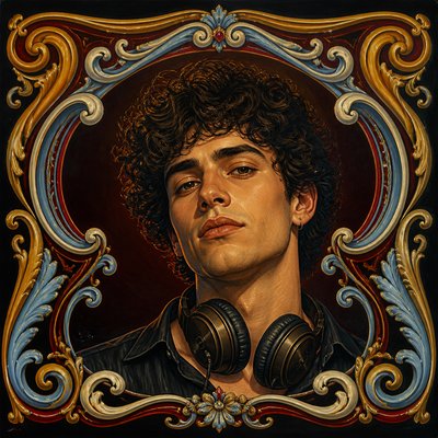 head-and-shoulders portrait of an original character: a young man with curly dark hair and headphones around his neck, plain backdrop, no text