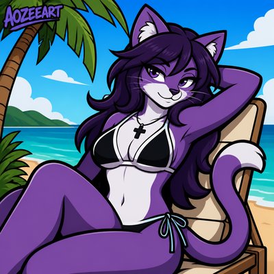 This is a piece of digital art featuring an anthropomorphic (furry) feline character.
Character Highlights
Appearance: A purple and white cat-like character with long, dark purple hair, stylized cat ears, and a long tail.
Attire: She is depicted wearing a black and white bikini or swimsuit and a simple cross necklace.
Art Style: Smooth, shaded digital illustration with defined highlights, watermarked with "AOZEEART" in the upper left corner. This is a piece of digital art featuring an anthropomorphic (furry) feline character.
Character Highlights
Appearance: A purple and white cat-like character with long, dark purple hair, stylized cat ears, and a long tail.
Attire: She is depicted wearing a black and white bikini or swimsuit and a simple cross necklace.
Art Style: Smooth, shaded digital illustration with defined highlights, watermarked with "AOZEEART" in the upper left corner.