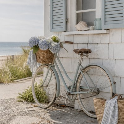 bicyle resting against a wall — Coastal Grandmother Aesthetic