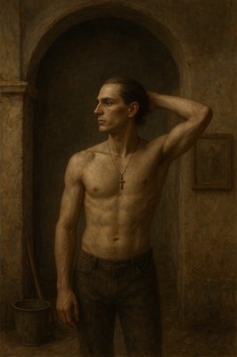 a painting of a man without a shirt
