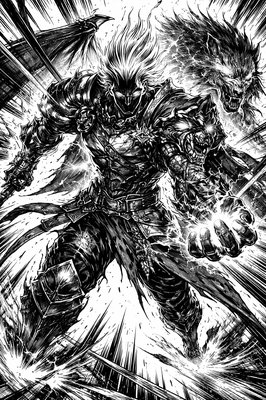 a black and white drawing of a demon attacking a demon