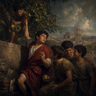 Augustine of Hippo in his teenage years stealing pears from a tree with a group of his friends