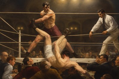 a painting of two men wrestling in a ring