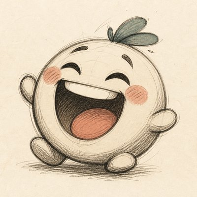 an exaggerated laughing face of an original round mascot character, bold and readable at small size, plain background, no text