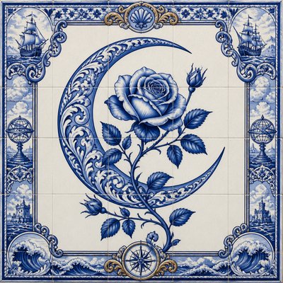 a rose entwined with a crescent moon, clean balanced composition on a plain background, no text